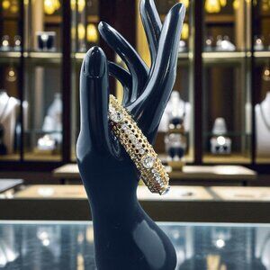 Crystal Gold Tone Statement Bangle Bracelet Vintage Chunky‎ Glam Bling Y2K